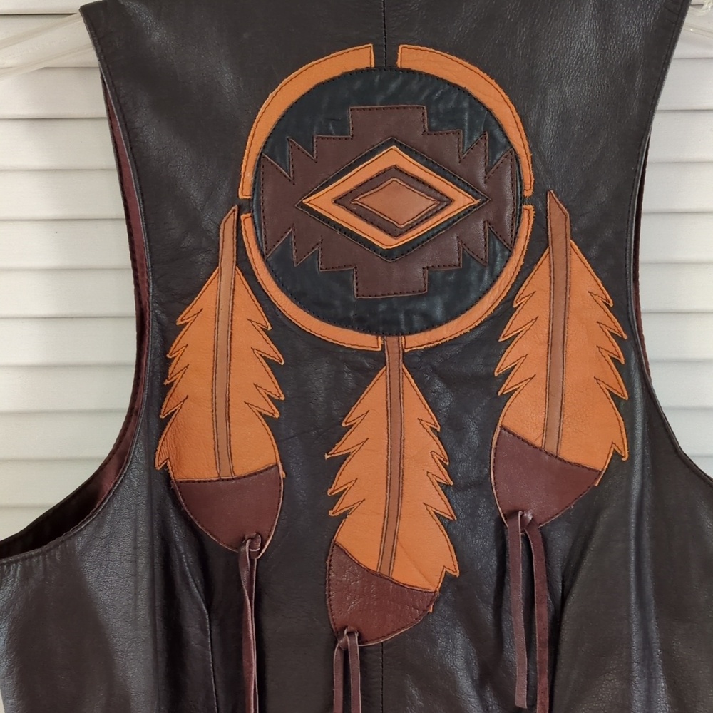 Vintage Mexican Leather Vest w/Fringe & Feather Applique. Sz M. Brown - Picture 7 of 11